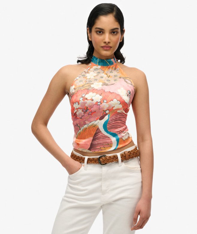 Superdry Damen Jacquard-oberteil mit Nackenträger Pink - Größe: 38 von Superdry