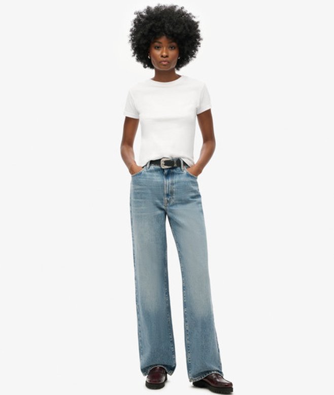 Superdry Damen Jeans aus Bio-baumwolle mit Weitem Beinschnitt Hellblau - Größe: 28/32 von Superdry
