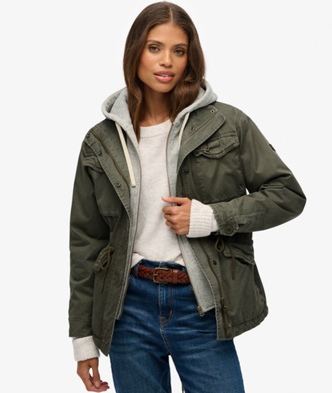 Superdry Damen Jersey Hood Military Borg Jacke Green - Größe: 42 von Superdry