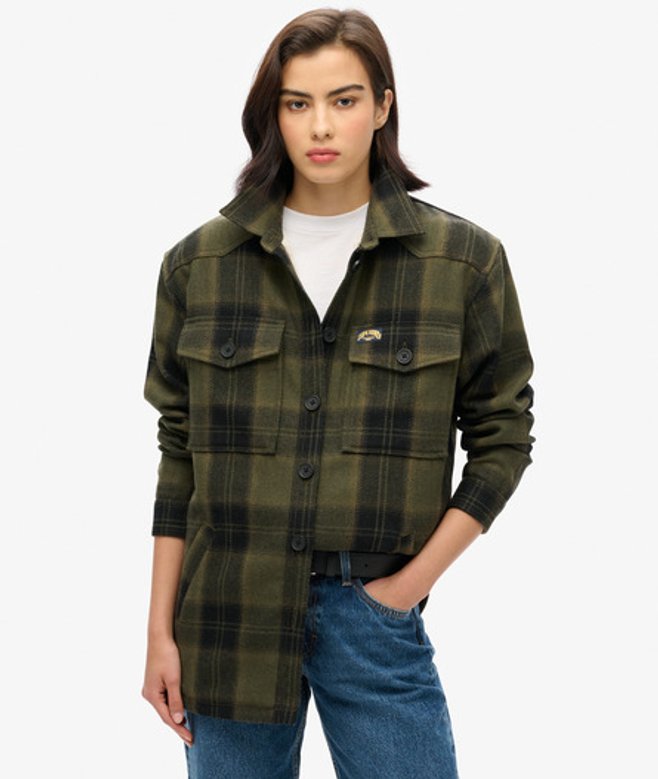 Superdry Damen Kaki Karierte Hemdjacke mit Teddyfell Kariert, Größe: 40 von Superdry