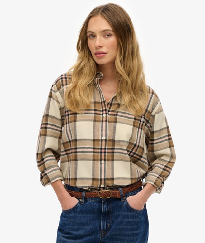Superdry Damen Kariertes Hemd aus Flanell im Boyfriend-stil Beige - Größe: 36 Superdry Damen Kariertes Hemd aus Flanell im Boyfriend-stil Beige - Größe: 36 von Superdry
