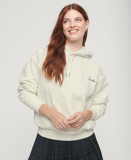 Superdry Damen Weiß Kastiges Drop Needle Velours-Hoodie mit Logo Bestickt, Größe: 42 von Superdry