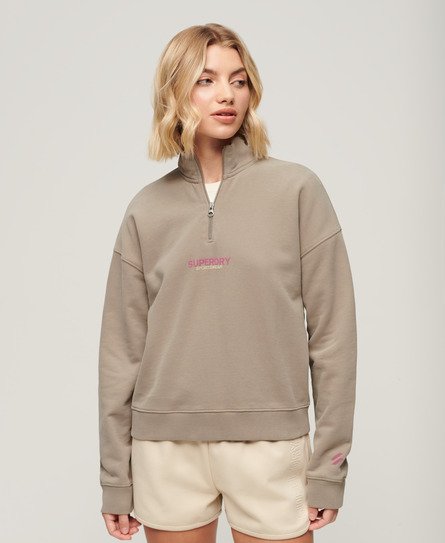 Superdry Damen Kastiges Sportswear Logo Sweatshirt mit Halbem Reißverschluss Beige - Größe: 36 von Superdry