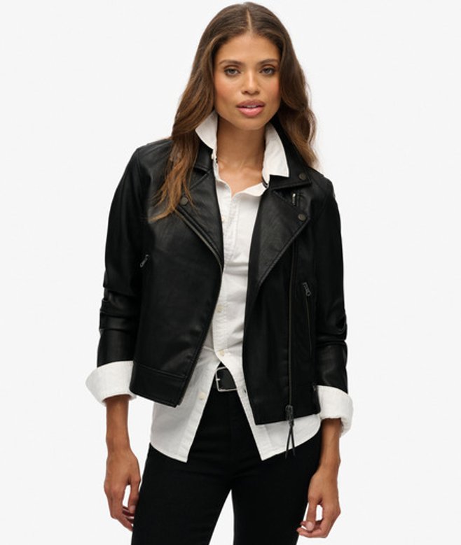 Superdry Damen Klassische Bikerjacke aus Kunstleder Black - Größe: 44 von Superdry