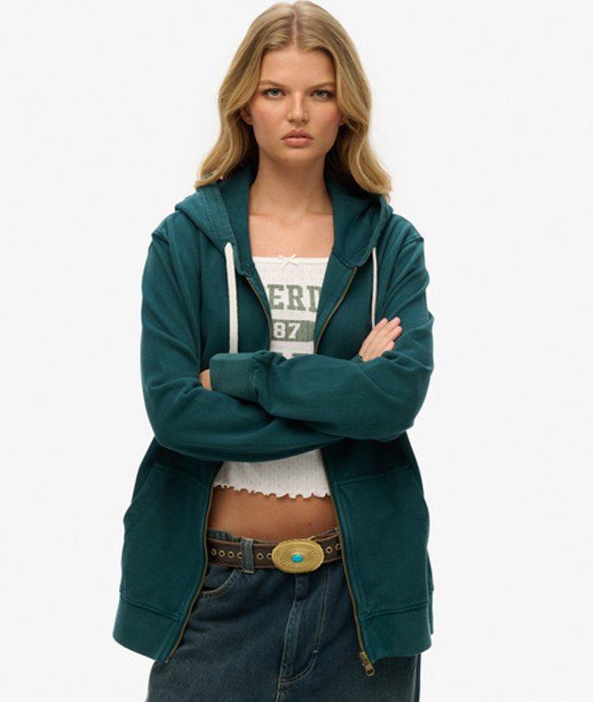Superdry Damen Klassische Essential Kapuzenjacke in Übergröße mit Reißverschluss Green - Größe: L von Superdry