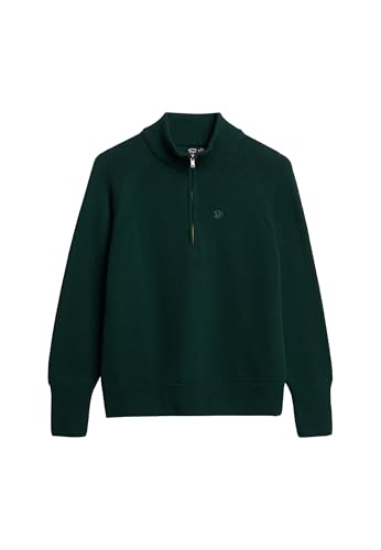 Superdry Damen Klassischer Strickpullover aus Baumwolle mit Reißverschluss Dunkles Piniengrün 38 von Superdry
