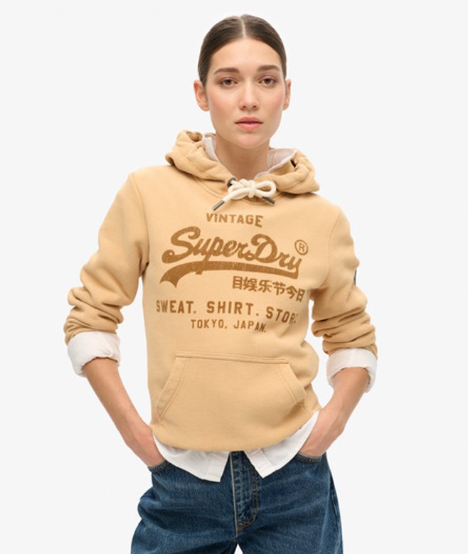 Superdry Damen Klassisches Samt-hoodie mit Grafikprint Braun - Größe: 40 von Superdry
