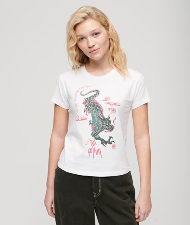 Superdry Damen Komodo x Superdry Kailash Dragon T-shirt Weiß - Größe: 38 von Superdry