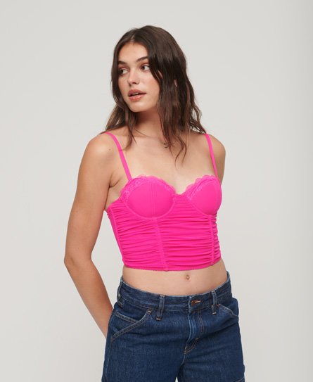 Superdry Women's Korsagen-Kurztop aus Gerafftem Meshstoff Pink - Größe: 40 von Superdry