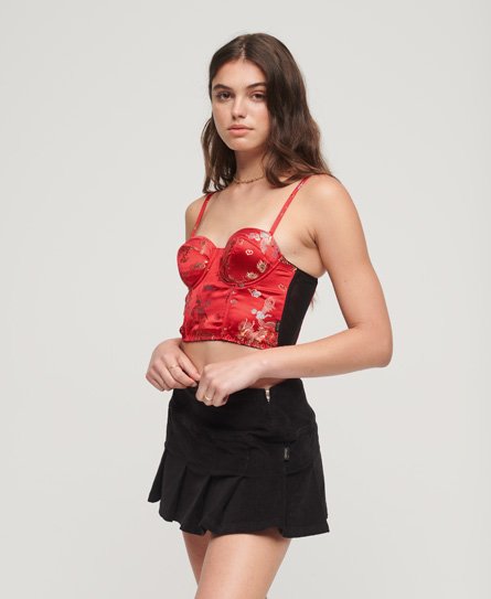 Superdry Women's Korsett-Oberteil aus Satin mit Blumenstickerei Rot - Größe: 36 von Superdry