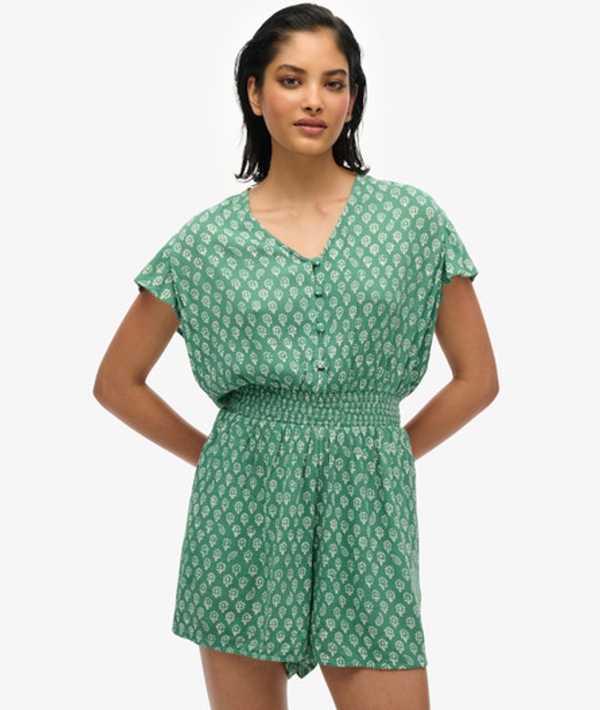 Superdry Damen Kurzärmeliger Playsuit mit Print Green - Größe: 36 von Superdry