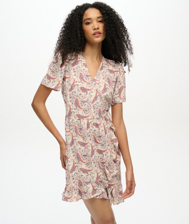 Superdry Damen Kurzärmeliges, Bedrucktes Mini-wickelkleid Cream - Größe: 38 von Superdry