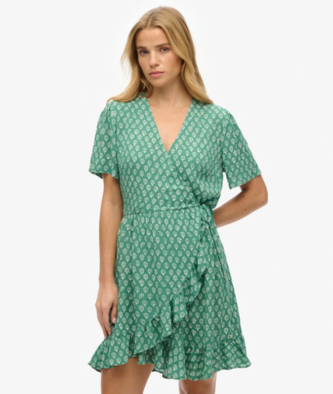 Superdry Damen Kurzärmeliges, Bedrucktes Mini-wickelkleid Green - Größe: 42 von Superdry