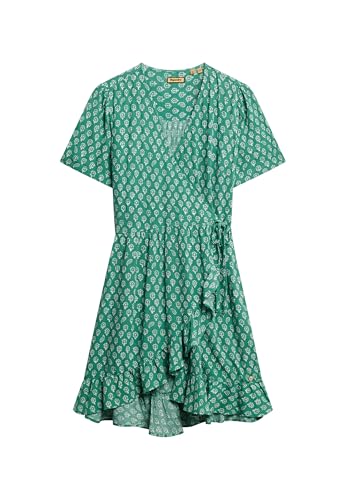 Superdry Damen Kurzärmeliges, bedrucktes Mini-Wickelkleid Blumen Blockprint Grün 36 von Superdry