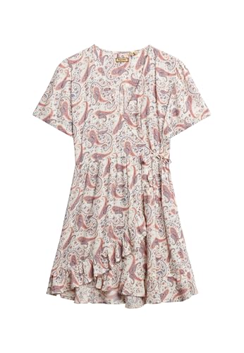 Superdry Damen Kurzärmeliges, bedrucktes Mini-Wickelkleid Boho Paisley Bordüre Cremefarben 40 von Superdry