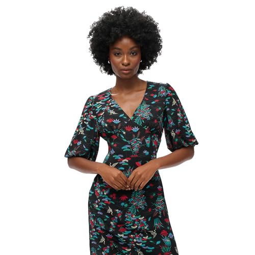 Superdry Damen Kurzärmeliges, transparentes Midikleid Kranich Schwarz Print 38 von Superdry