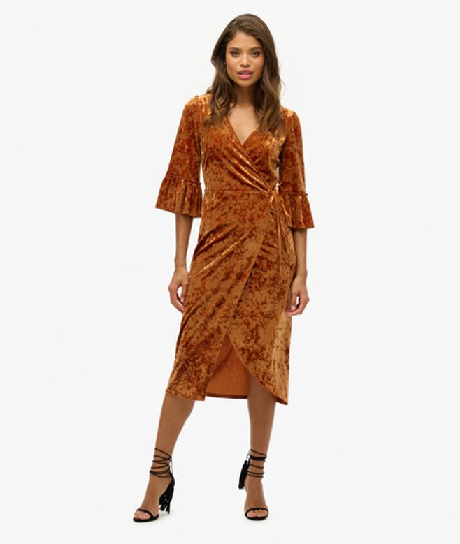 Superdry Damen Kurzärmeliges Midi-wickelkleid aus Samt Braun - Größe: 40 von Superdry
