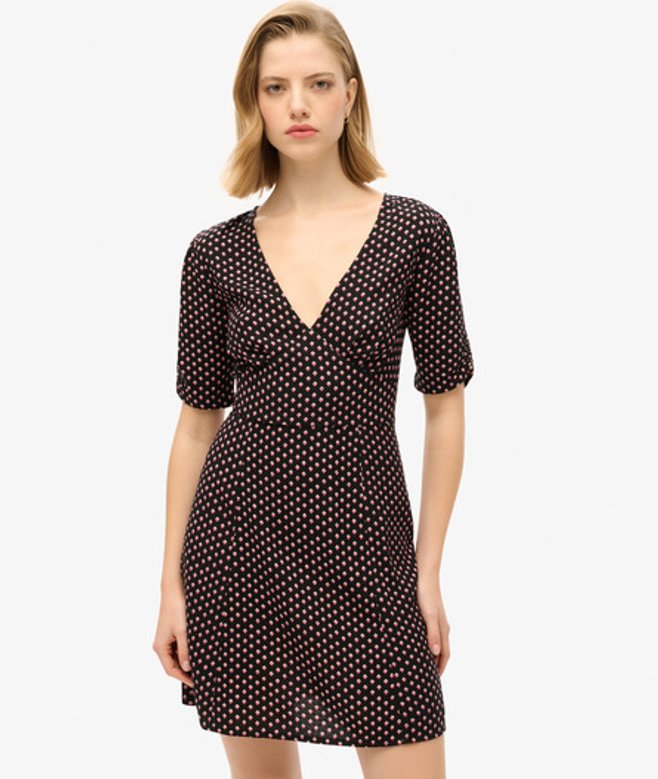 Superdry Damen Kurzärmeliges Mini-t-shirt-kleid mit Print Schwarz/rosa - Größe: 36 von Superdry