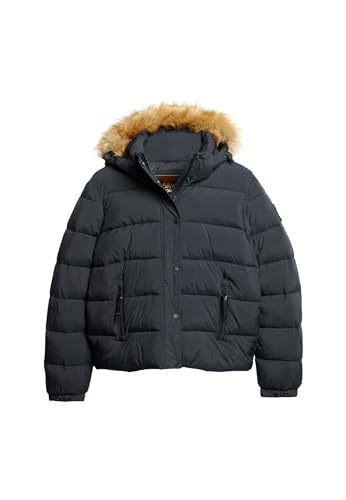 Superdry Damen Kurze Pufferjacke mit Kapuze und Kunstfellbesatz Finster Marineblau 40 von Superdry