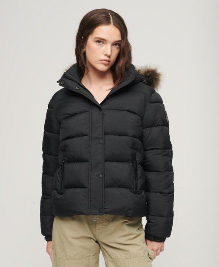 Superdry Women's Kurze Pufferjacke mit Kapuze und Kunstfellbesatz Schwarz - Größe: 42 von Superdry