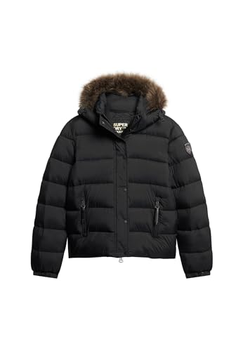 Superdry Damen Kurze Pufferjacke mit Kapuze und Kunstfellbesatz Tiefschwarz 38 von Superdry
