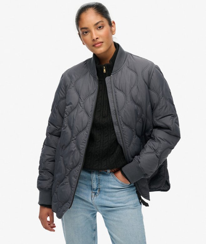Superdry Damen Kurze Gesteppte Liner-jacke Dark Grey - Größe: 42 von Superdry