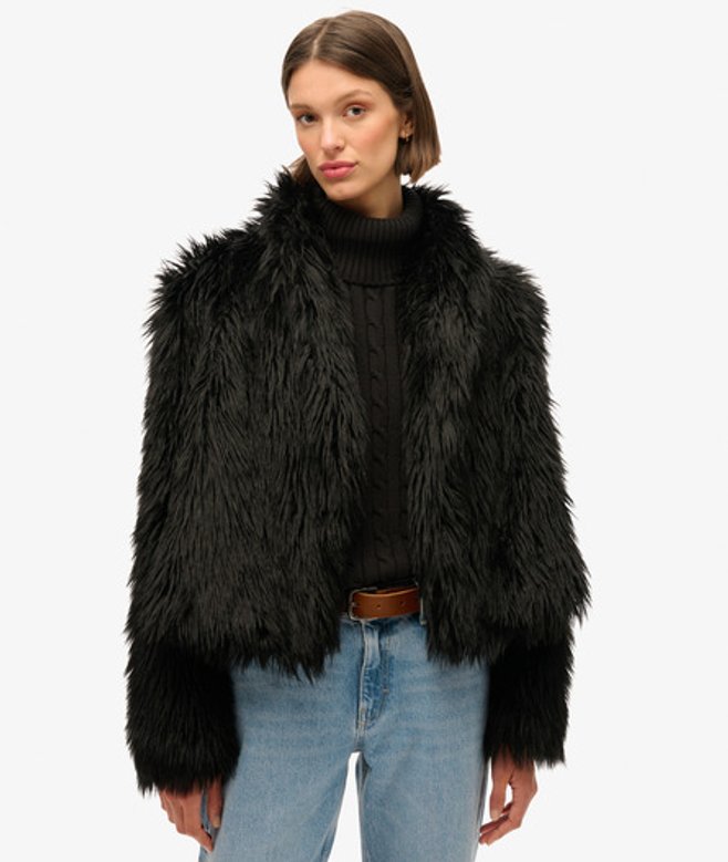 Superdry Damen Kurzer Kunstfellmantel Schwarz - Größe: 36 von Superdry