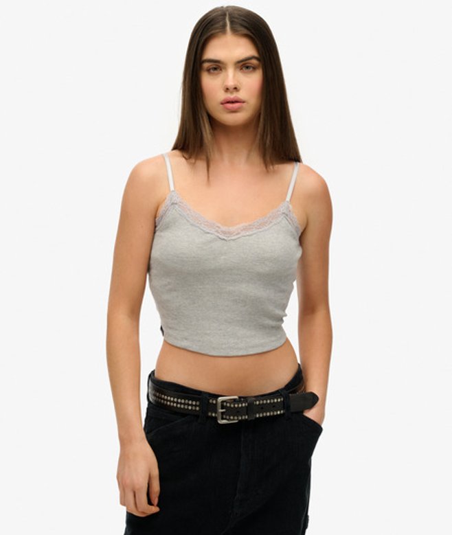 Superdry Women's Kurzes Athletic Essentials Trägertop mit Spitzenbesatz Grau - Größe: 34-36 von Superdry