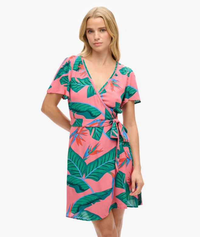 Superdry Damen Kurzes Mini-wickelkleid mit Print Pink - Größe: 40 von Superdry