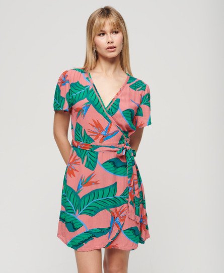 Superdry Damen Kurzes Mini-Wickelkleid mit Print Pink - Größe: 44 von Superdry