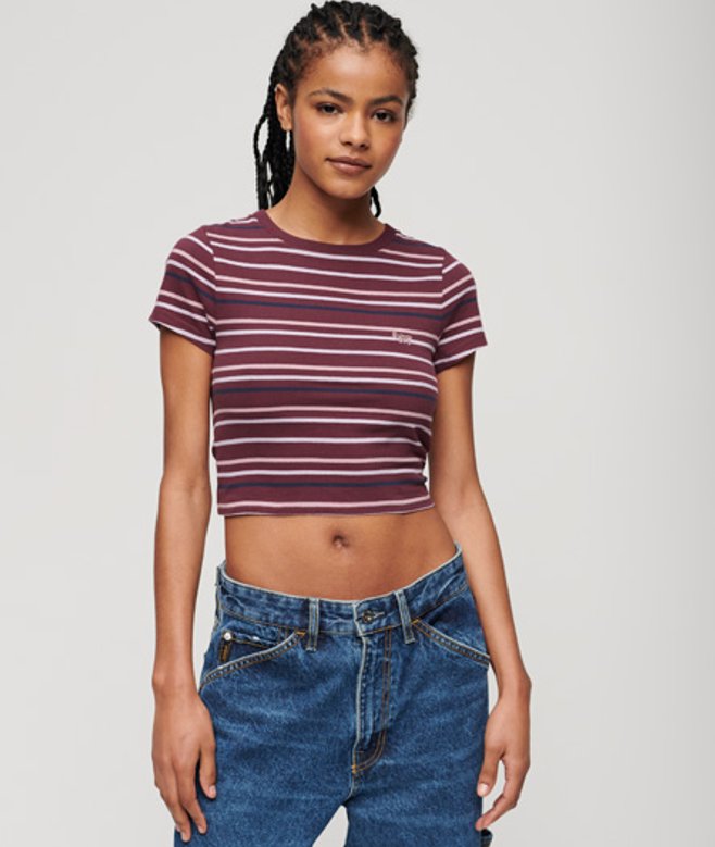 Superdry Damen Kurzes Vintage T-shirt mit Streifen Lila/weiß - Größe: 44 von Superdry