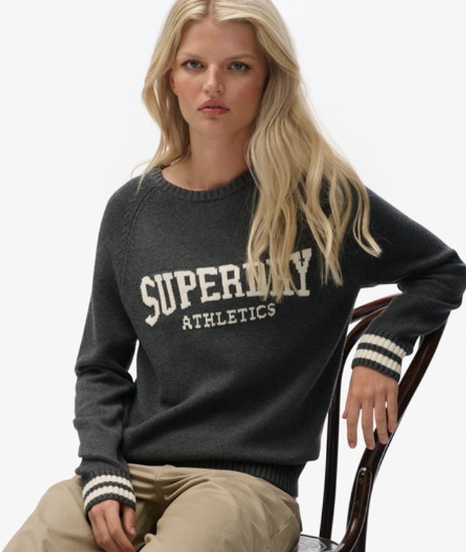 Superdry Damen Slouchy Intarsia Strickpullover mit Grafik Dark Grey - Größe: 42 von Superdry