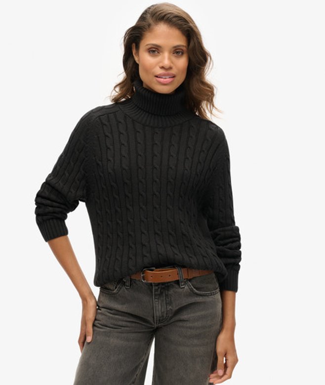 Superdry Damen Lockerer Zopfmuster-rollkragenpullover Schwarz - Größe: 44 von Superdry