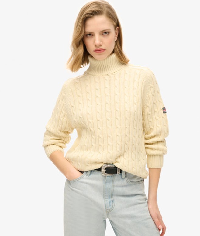 Superdry Damen Weiß Lässiger Rollkragenpullover mit Zopfmuster Gestrickt, Größe: 40 von Superdry