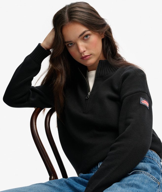Superdry Damen Lässiger Strickpullover mit Halblangem Reißverschluss Black - Größe: 42 von Superdry