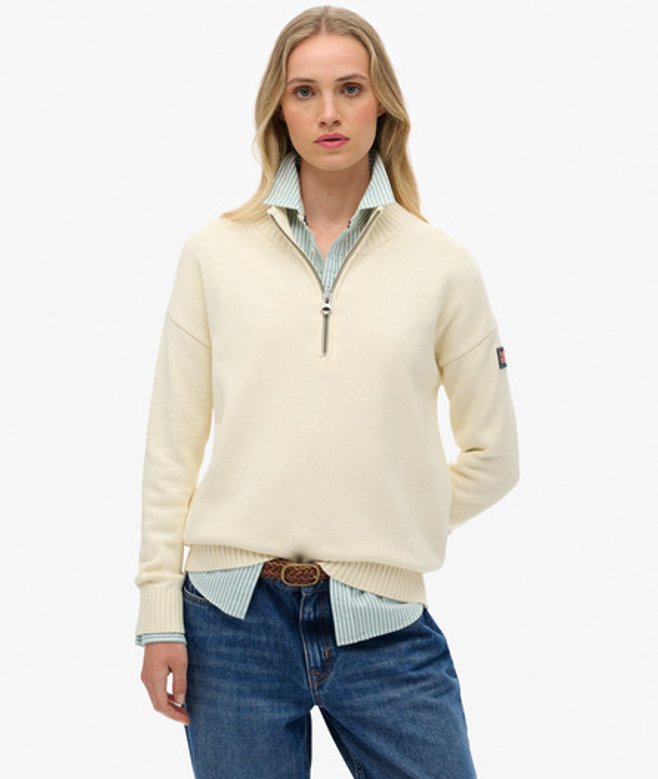 Superdry Damen Lässiger Strickpullover mit Halblangem Reißverschluss White - Größe: 38 von Superdry