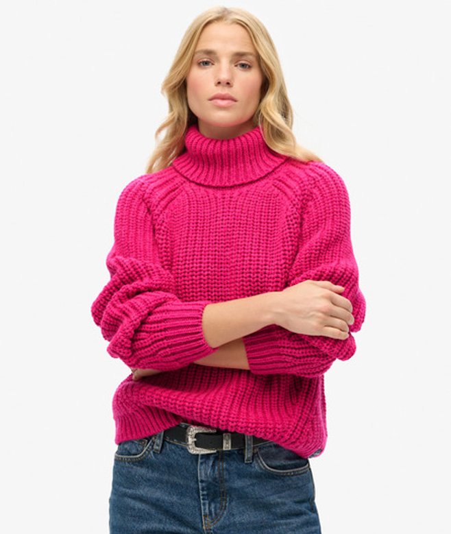 Superdry Damen Lässiger Strickpullover mit Rollkragen und Ziernaht Rosa - Größe: 36 von Superdry