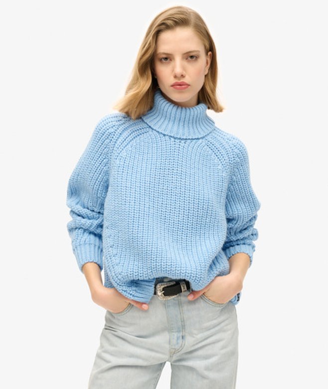 Superdry Damen Hellblau Lässiger Strickpullover mit Rollkragen und Ziernaht Gestrickt, Größe: 42 von Superdry