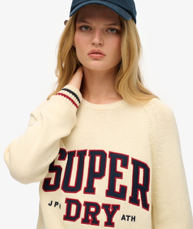 Superdry Damen Lässiger Strickpullover mit Rundhalsausschnitt und Grafik Weiß - Größe: 36 von Superdry