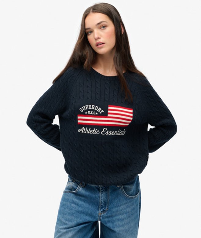 Superdry Damen Lässiger Strickpullover mit Zopfmuster Navy - Größe: 36 von Superdry