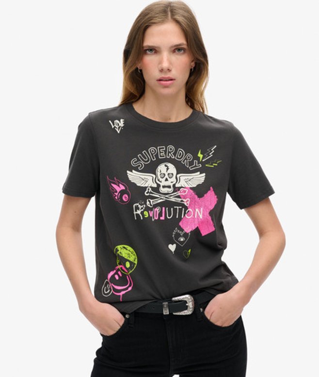 Superdry Damen Lässiges Lo-fi T-shirt mit Punk-poster Schwarz - Größe: 40 von Superdry