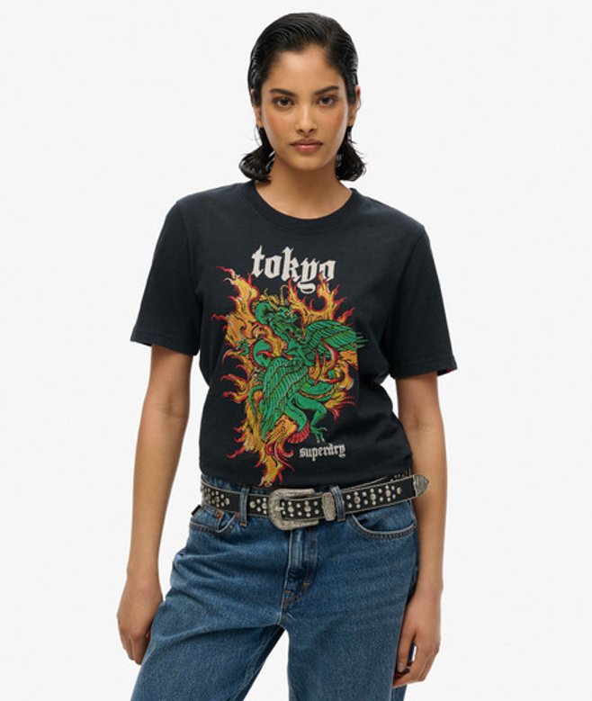 Superdry Damen Lässiges Neo Trad T-shirt mit Tattoo-print Schwarz - Größe: 36 von Superdry