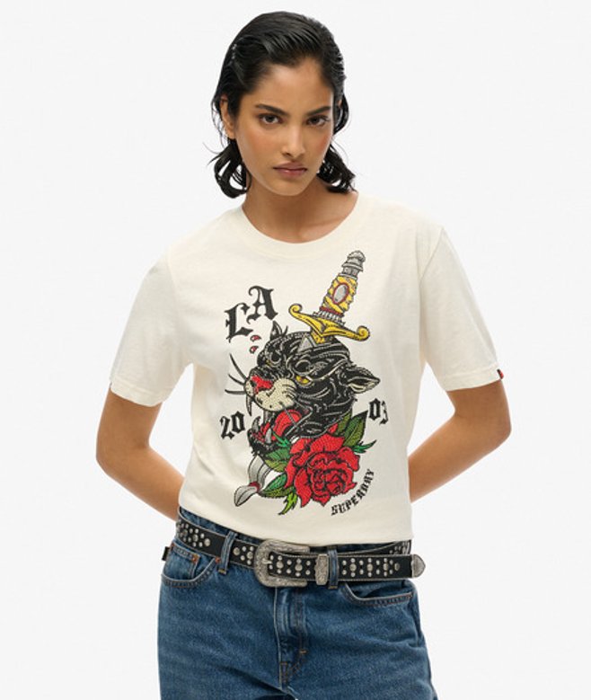 Superdry Damen Lässiges Neo Trad T-shirt mit Tattoo-print Weiß - Größe: 36 von Superdry