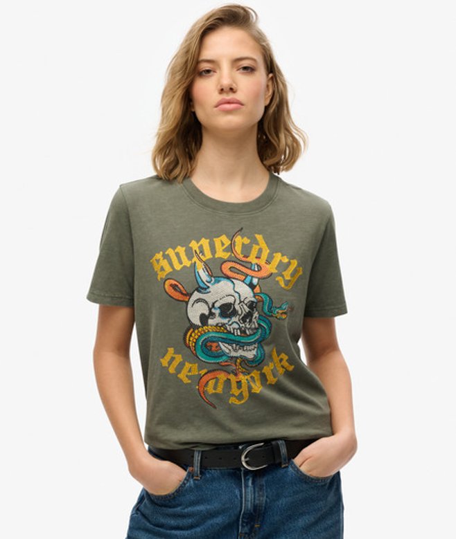 Superdry Damen Lässiges Neo Trad T-shirt mit Tattoo-print Green - Größe: 34 von Superdry