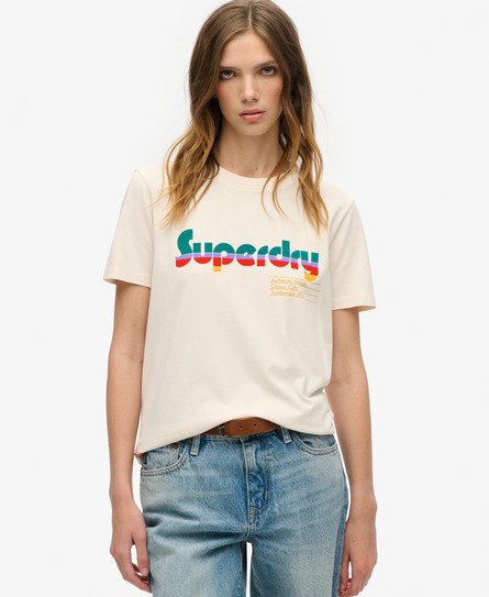 Superdry Damen Lässiges Retro Flock T-Shirt Creme - Größe: 38 von Superdry