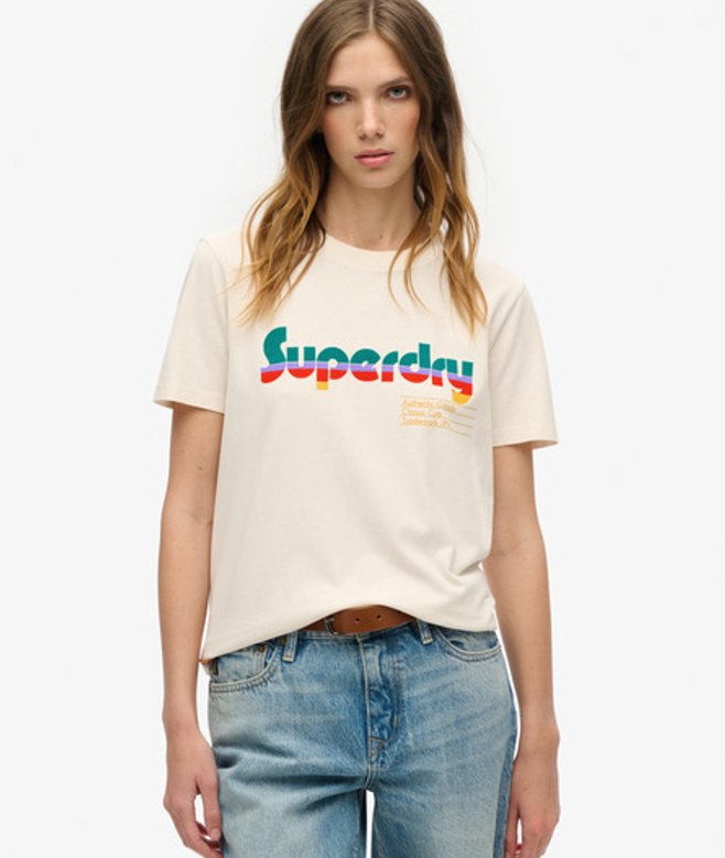 Superdry Damen Lässiges Retro Flock T-shirt Creme - Größe: 40 von Superdry