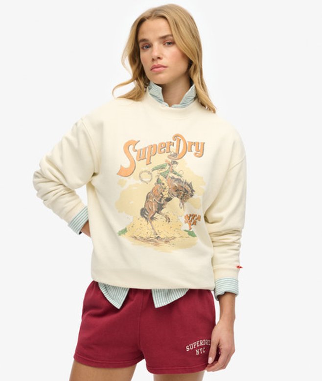 Superdry Women's Lässiges Souvenir Sweatshirt mit Grafik und Rundhalsausschnitt Creme - Größe: 44 von Superdry