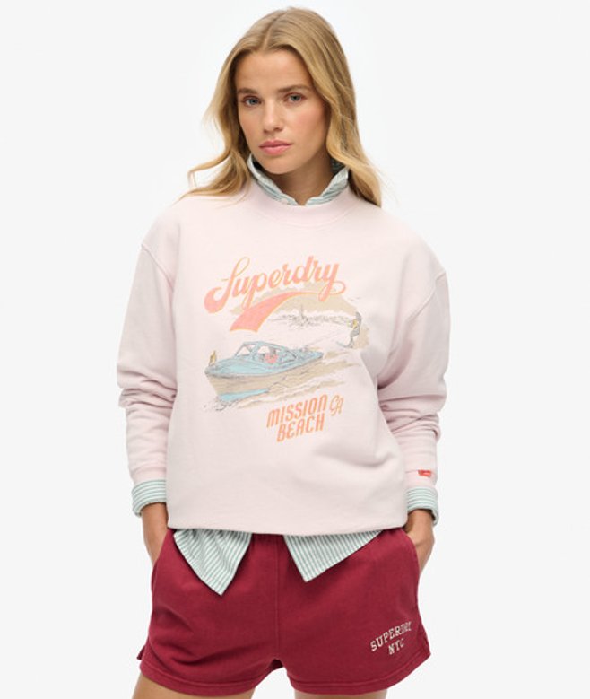 Superdry Women's Lässiges Souvenir Sweatshirt mit Grafik und Rundhalsausschnitt Pink - Größe: 38 von Superdry