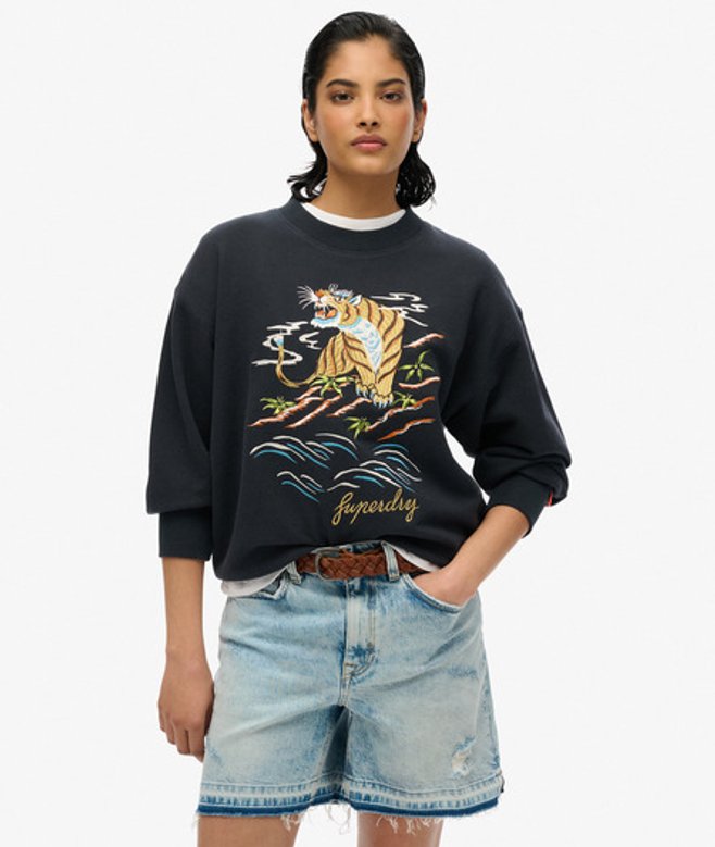 Superdry Damen Lässiges Suika Sweatshirt mit Rundhalsausschnitt und Stickerei Black - Größe: 38 von Superdry