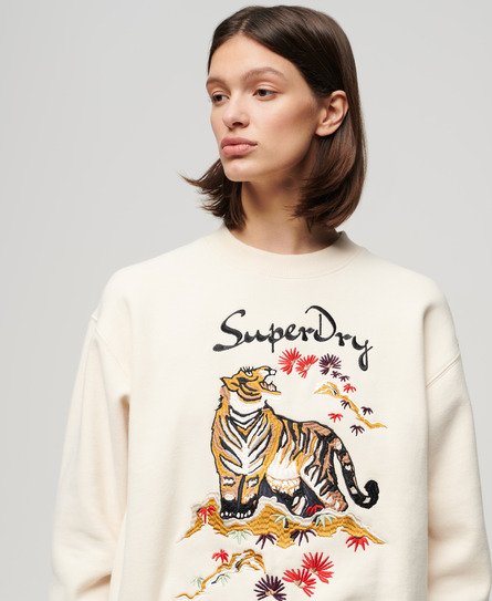 Superdry Women's Lässiges Suika Sweatshirt mit Stickerei Creme - Größe: 42 von Superdry